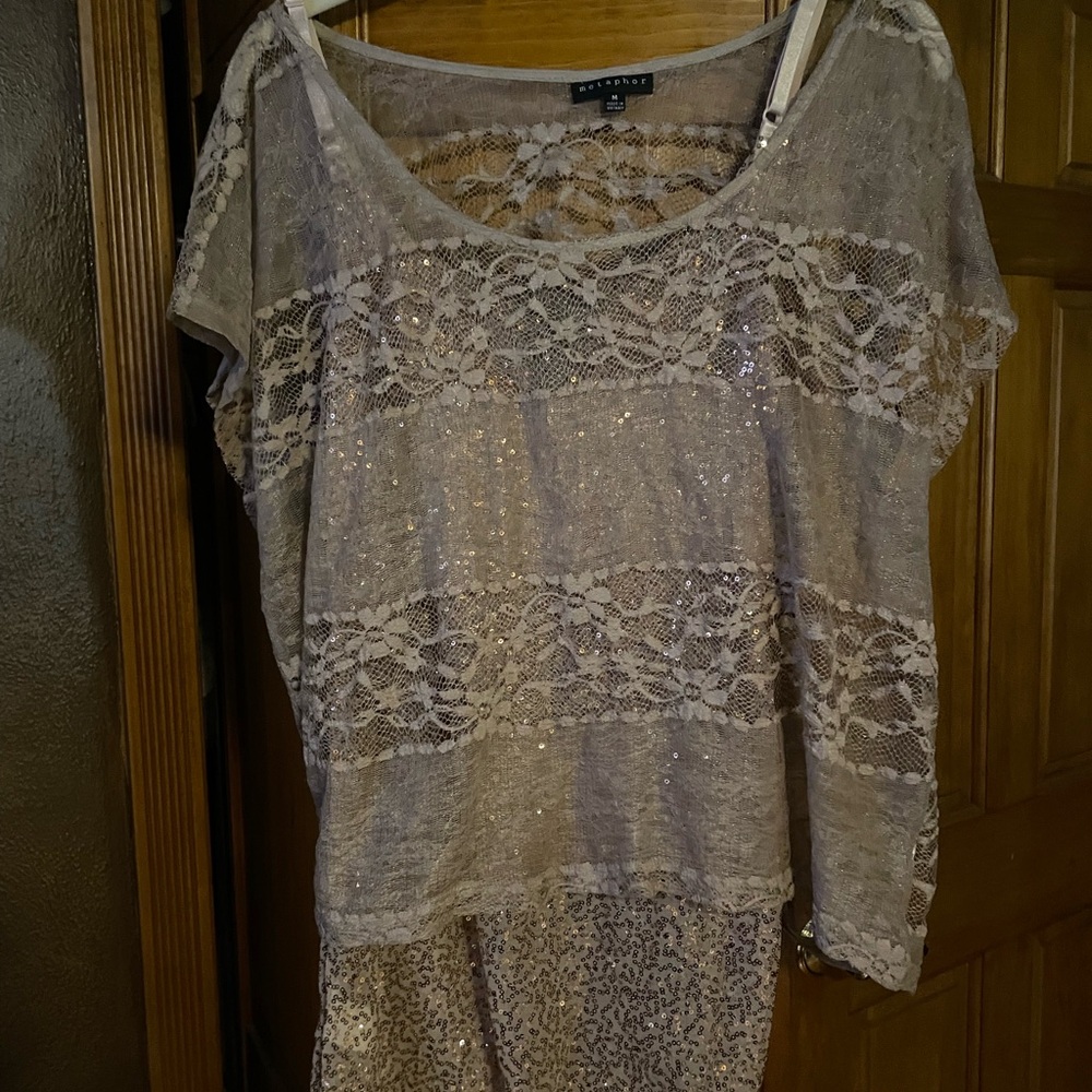 Women's Sequin sheer Lace Blouse and sequin tank with metallic fabric